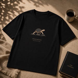 Puede incluir: Una camiseta negra de manga corta con un gráfico de una tortuga caminando sobre tres piedras. Debajo de la ilustración, el texto dice "PROGRESS TRAVELS SLOW." La prenda tiene cuello redondo y un dobladillo recto, vista de frente.
