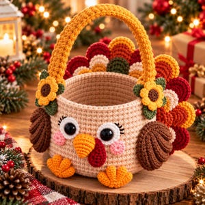 May include: A crochet turkey basket featuring a beige body, brown wings, and orange feet. The basket has a handle adorned with yellow sunflowers and a colorful tail made of red, orange, and green crochet feathers. The turkey face has black eyes.