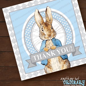 Printable Peter Rabbit Thank You Tags, Blue and Gray Peter Rabbit Square Favor Tags, digital file