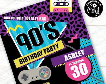 EDITABLE 90's Birthday Party Invite | Printable 90's Party Invitations  | 1990s Party Invite | CORJL Template | digital file