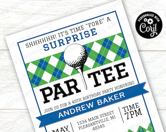 EDITABLE Golf Surprise ParTEE Invite | Blue and Green Argyle | Printable Surprise Party Golf Birthday Invite | CORJL Template | digital file