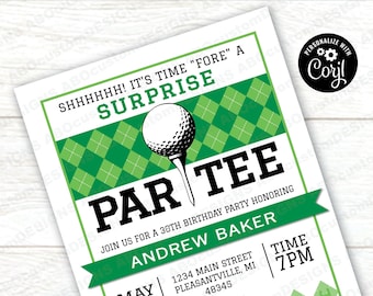 EDITABLE Golf Surprise ParTEE Invitation | Printable Surprise Party Golf Birthday Invite | Golf Party Invite | CORJL Template | digital file