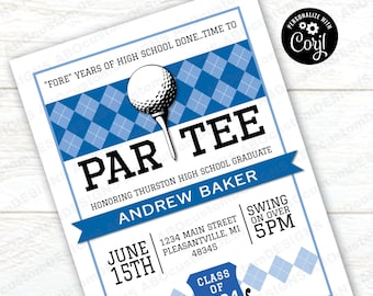 EDITABLE Grad ParTEE Invite File | School Color Options | Printable Golf Graduation Party Invite | CORJL Template | digital file