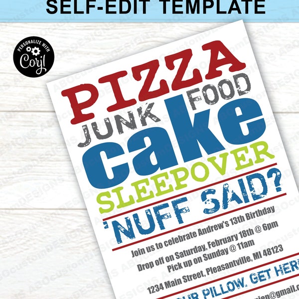 EDITABLE 'Nuff Said Sleepover Birthday Invite | Printable Teen Pizza, Cake, Slumber Party Invitation | CORJL Template | digital file