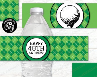 EDITABLE Golf ParTEE Birthday Water Bottle Labels | Printable Green Argyle Golf Labels | CORJL Template | digital file