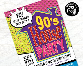 EDITABLE 90's House Party Invitation | 90's Pink | Printable Birthday, Photo or Surprise Party Invite  | CORJL TEMPLATE | digital file
