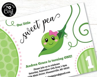 EDITABLE Sweet Pea Birthday Invitations | Printable Pink Sweet Pea Birthday Party Invites | CORJL Template | digital file
