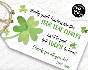 EDITABLE Four Leaf Clover Tags | Printable Lucky Clover Favor Tags | Appreciation Gift Tags | CORJL Template | digital file