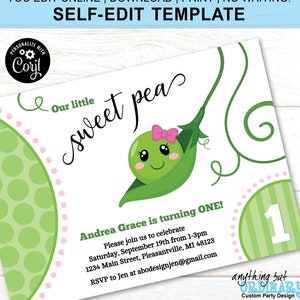 EDITABLE Sweet Pea Birthday Invitations | Printable Pink Sweet Pea Birthday Party Invites | CORJL Template | digital file