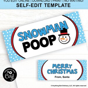 EDITABLE Snowman Poop Bag Topper / Christmas Novelty Treat Bag Labels / Printable Snowman Bagtopper / archivo digital / CORJL Template
