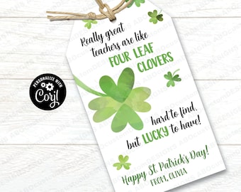 EDITABLE Four Leaf Clover Gift Tags | Printable St. Patrick's Day Favor Tags | Lucky Shamrock Tags | CORJL Template | digital file