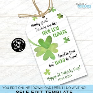 EDITIERBARE vierblättriges Kleeblatt Geschenkanhänger | Druckbare St. Patrick's Day Favor Tags | Glücksklee Anhänger | CORJL Vorlage | digitale Datei
