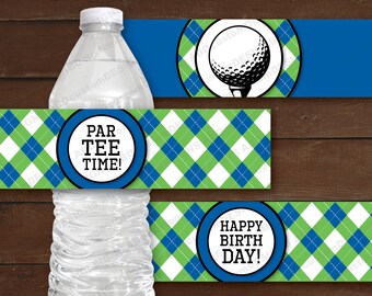 Etiquetas de botellas de agua de cumpleaños de Golf ParTEE / Etiquetas de golf Argyle azules y verdes imprimibles / DESCARGA INSTANTE / archivo digital