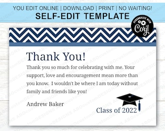 EDITABLE Navy Chevron Grad Thank You Note | Printable Grad Party Thank You | CORJL TEMPLATE | digital file