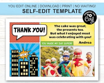 EDITABLE Superhero Photo Thank You Note | Printable Super Hero Thank You Flat Card with Photos | CORJL TEMPLATE | digital file