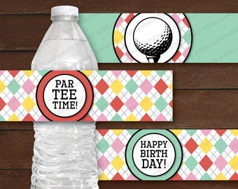 Golf ParTEE Birthday Water Bottle Labels | Printable Multicolored Argyle Golf Labels | INSTANT DOWNLOAD | digital file