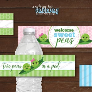 Étiquettes imprimables pour bouteilles d&#39;eau à deux pois dans une cosse | Garçon et fille Twin Sweet Peas Baby Shower Bottle Wrappers | TÉLÉCHARGEMENT INSTANTANÉ | fichier numérique