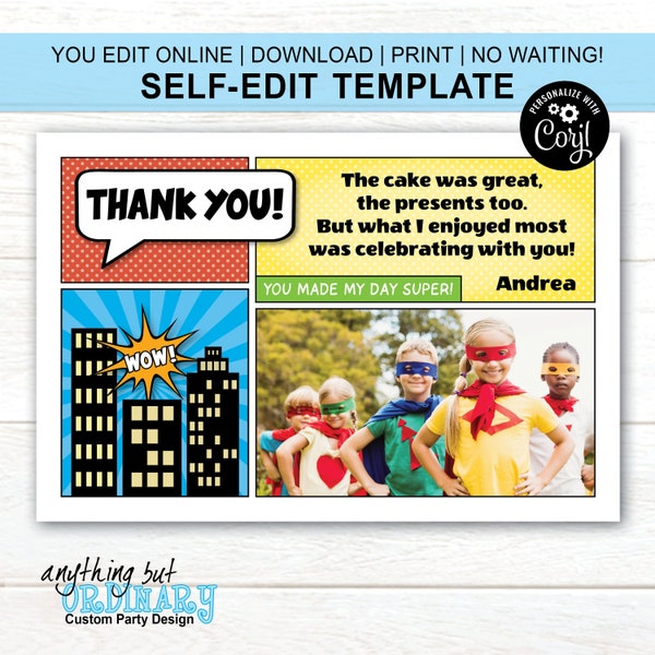 EDITABLE Superhero Photo Thank You Note | Printable Super Hero Thank You Flat Card with Photos | CORJL TEMPLATE | digital file