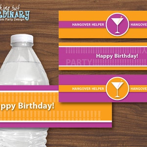 Martini Cheers DIY Birthday Water Bottle Labels, violet and orange, INSTANT DOWNLOAD digital printable file image 1