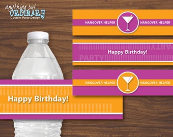Martini Cheers DIY Birthday Water Bottle Labels, violet and orange, INSTANT DOWNLOAD digital printable file