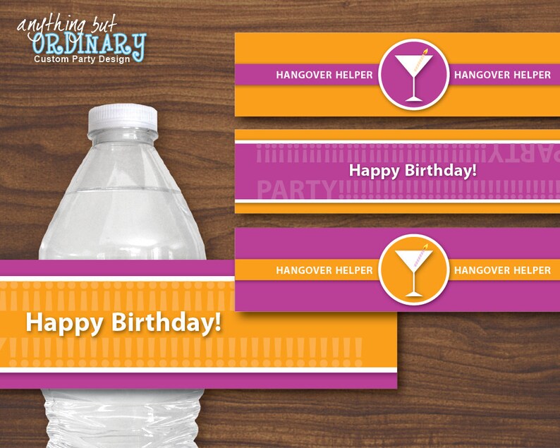 Martini Cheers DIY Birthday Water Bottle Labels, violet and orange, INSTANT DOWNLOAD digital printable file image 1