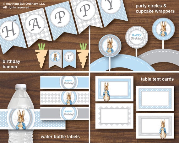 Peter Rabbit Printable Birthday Party Decorations, Blue and Gray