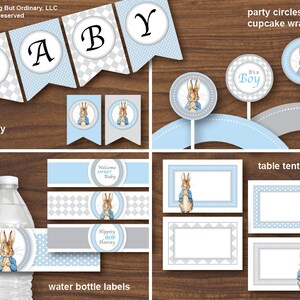May include: Printable baby shower party decorations featuring Peter Rabbit. The set includes a banner that says "BABY", cupcake toppers, table tent cards, and water bottle labels. The colors are blue, gray, and white.