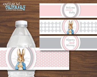 Peter Rabbit Water Bottle Labels in Pink and Gray, Printable Baby Shower Bottle Labels, INSTANT DOWNLOAD, digital printable file