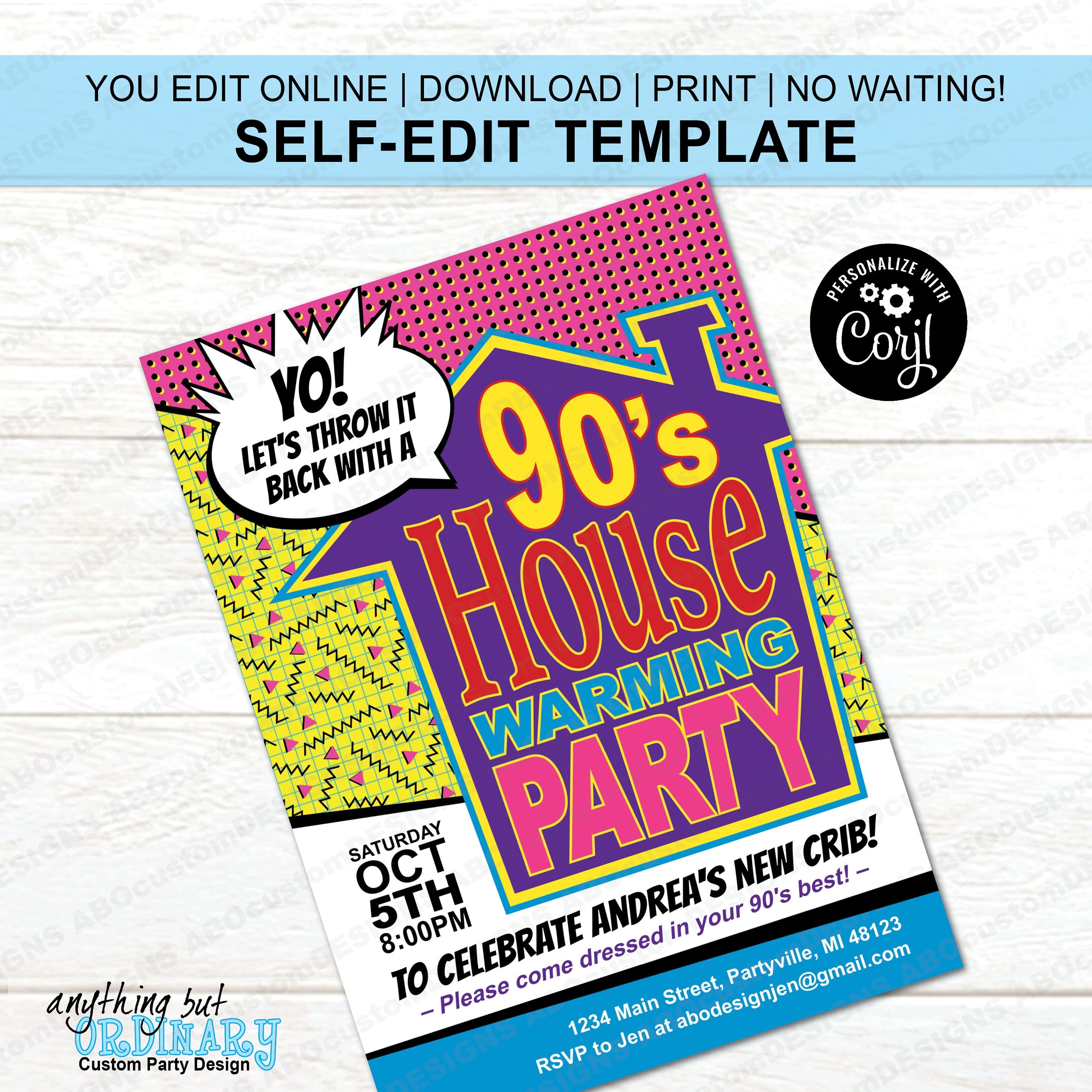 90's Housewarming Party Invitation | 90's 5x7 Pink | Printable