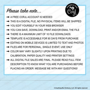 Puede incluir: Una hoja de informaci&oacute;n de archivo digital azul claro con el texto "Please take note..." y una lista de detalles sobre el producto. La hoja incluye un logotipo de "Personalize with Corjl" en la esquina superior derecha.