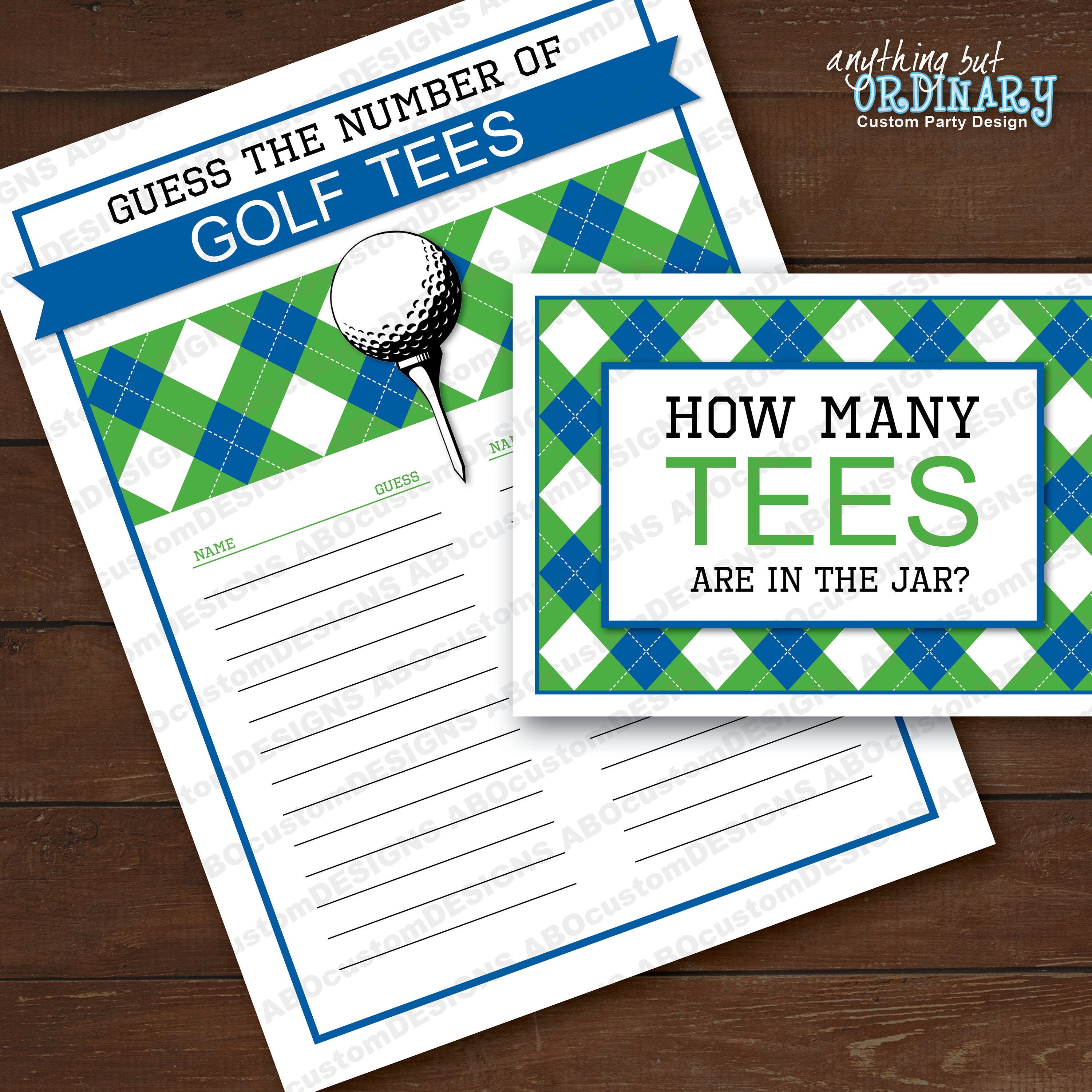 Golf Party Guessing Game Signs in Blue and Green | Printable ParTEE Guess The Number of Tees | INSTANT DOWNLOAD digital file