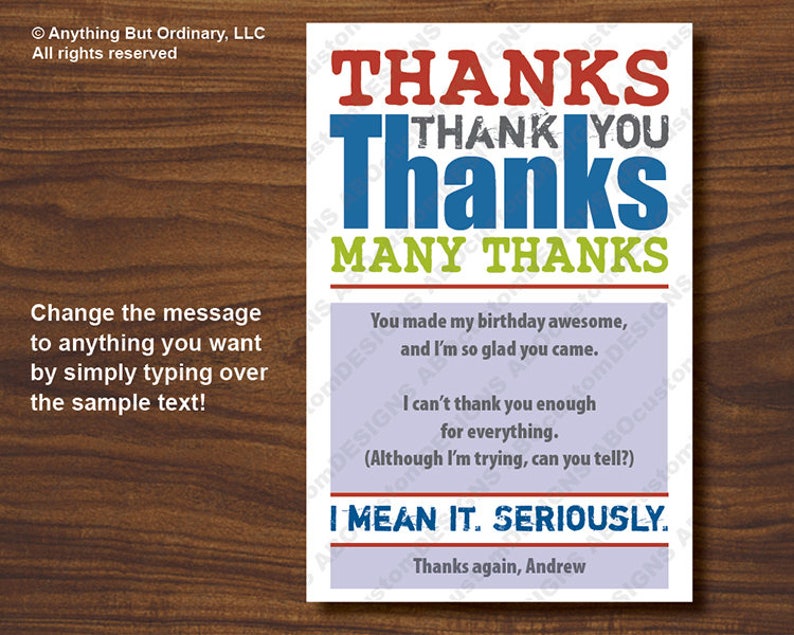 EDITABLE Thank You Note Printable Teen Birthday Thank You Note /'Nuff Said Flat Thank You Card digital file INSTANT DOWNLOAD