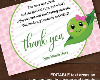 Sweet Pea Thank You Note, Printable Girl's Sweet Pea Flat Thank You Card, EDITABLE Thank You Note, INSTANT DOWNLOAD, digital file