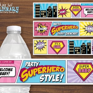 Etiquetas de botellas de agua para niñas Super Baby, etiquetas de baby shower de superhéroes DIY, DESCARGA INSTANTE, archivo imprimible digital