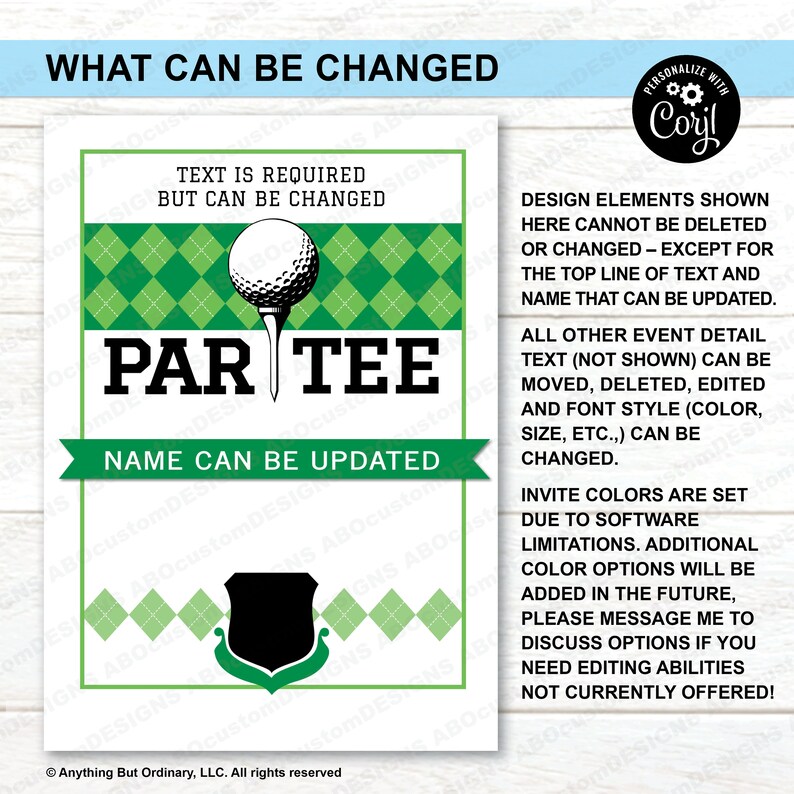 May include: A green and white golf-themed party invitation with the text "WHAT CAN BE CHANGED" at the top. The invitation features a golf ball on a tee, a green and white checkered pattern, and the text "PAR TEE". The text "NAME CAN BE UPDATED" is also included. The invitation is customizable with the option to change the text and font style.