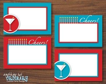 Adult Birthday Table Tents, Editable DIY Food Labels, Martini Cheers in teal and red, INSTANT DOWNLOAD digital printable file