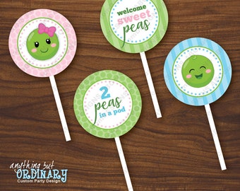 Boy and Girl Twin Sweet Peas Baby Shower Cupcake Toppers, Printable Two Peas in a Pod, INSTANT DOWNLOAD, digital file