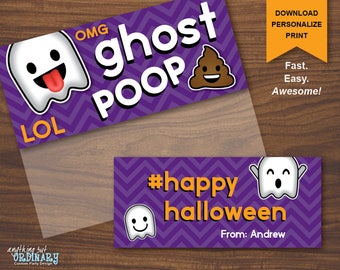 Emoji Halloween Bag Topper, Printable Ghost Poop Treat Bag Labels, INSTANT DOWNLOAD digital file