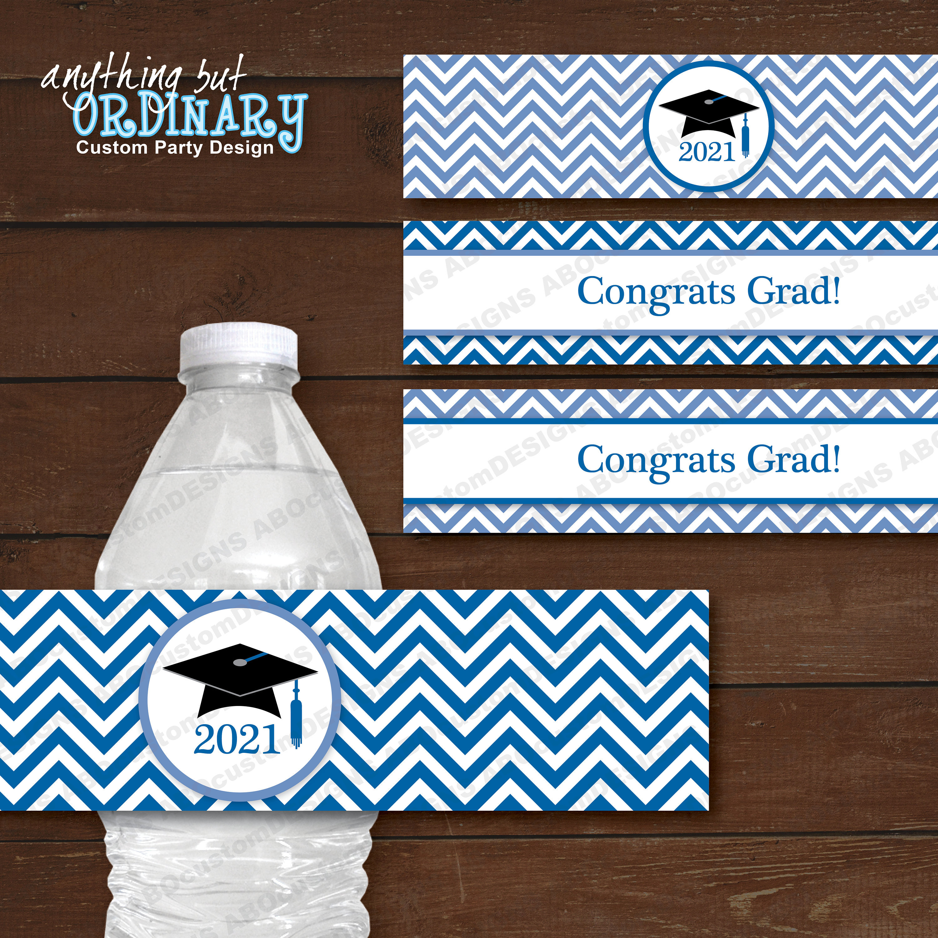 Printable 2021 Graduation Water Bottle Labels Blue Chevron ...