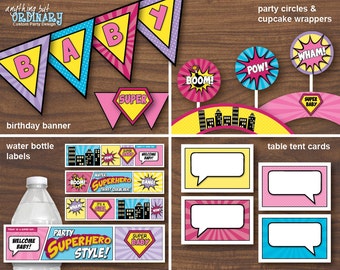 Girls Superhero Baby Shower Printable Party Package, DIY Super Baby Decorations, INSTANT DOWNLOAD, printable digital file