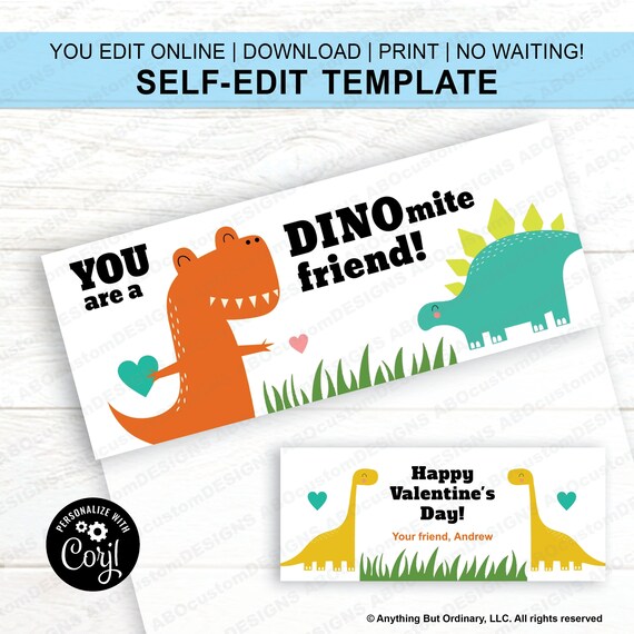 EDITBALE DINOmite Valentine Bag Toppers | Printable Dinosaur Treat Bag Labels | CORJL Template | digital file