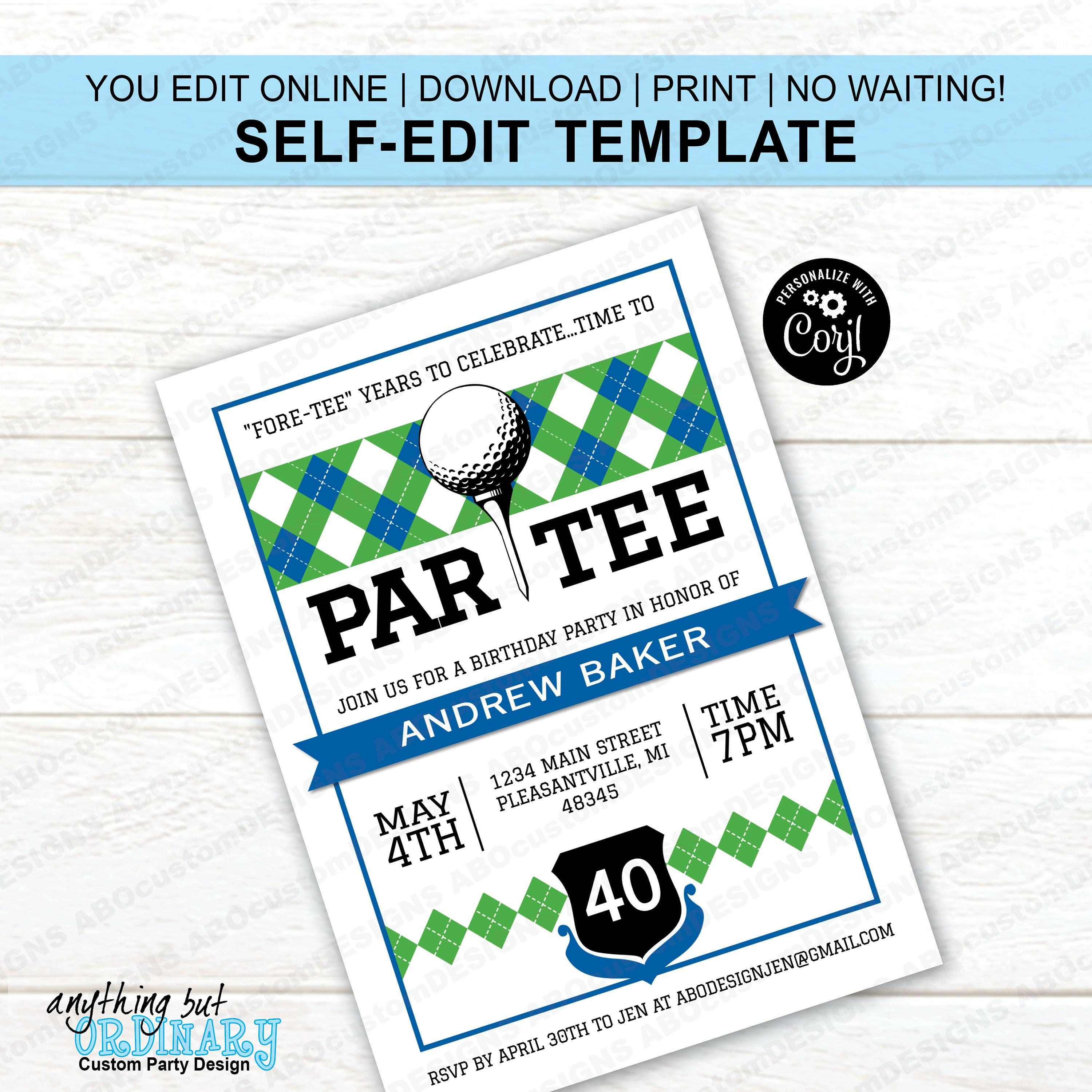 EDITABLE Blue and Green Argyle Golf Par-TEE Invite | Printable Golf Birthday Invite | Birthday ParTEE Invite | CORJL Template | digital file