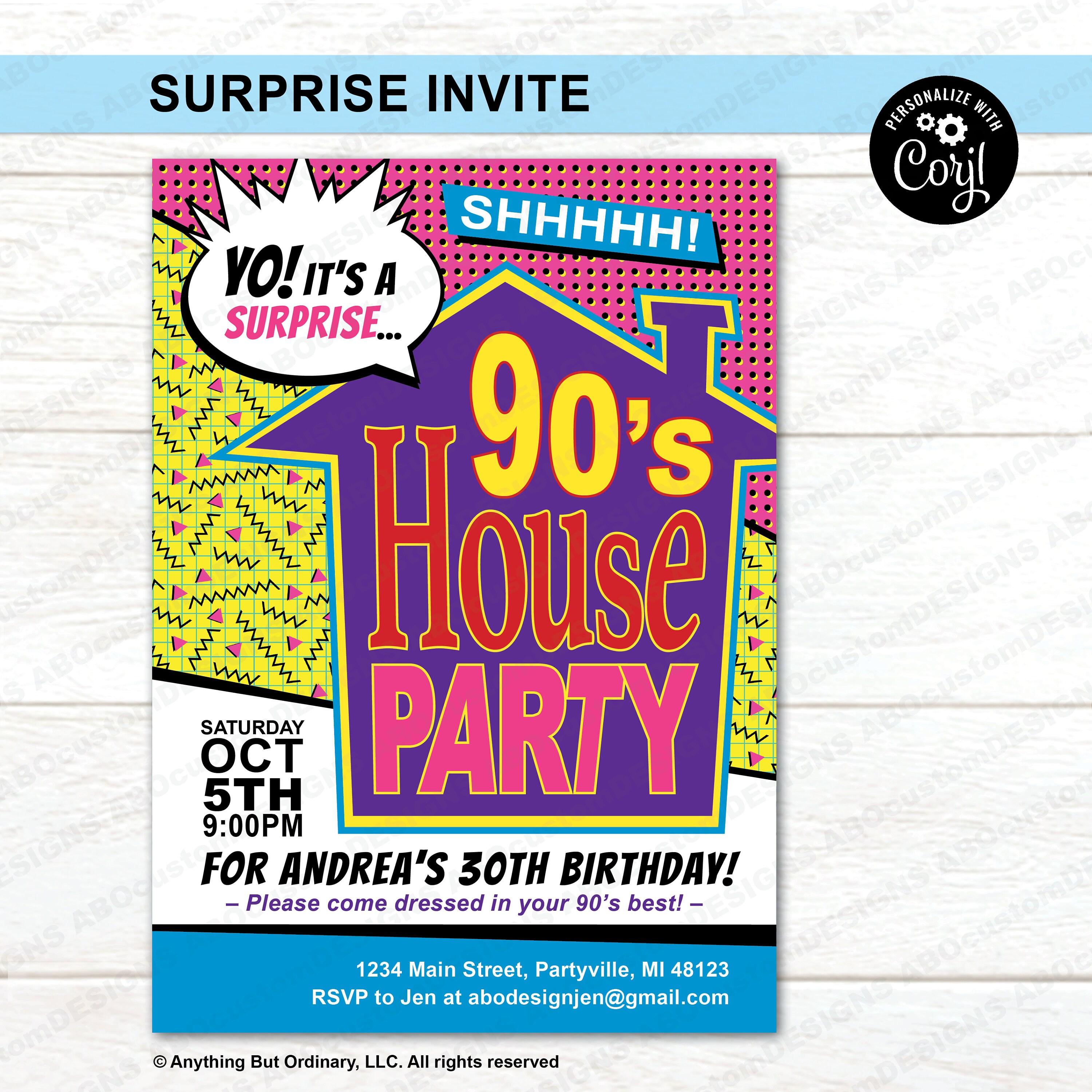 送料込み90年代ハウス50枚まとめ売り/90'S HOUSE ② EDITABLE 90's House Party Invitation | 90's Pink | Printable