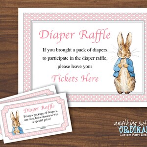 Peter Rabbit Diaper Raffle Tickets and Sign, Printable Baby Shower in Pink and Gray, INSTANT DOWNLOAD, digital file