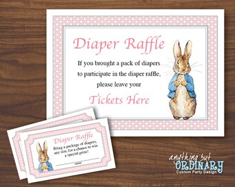 Peter Rabbit Windel Tombola Tickets und Schild, druckbare Babyparty in rosa und grau, INSTANT DOWNLOAD, digitale Datei