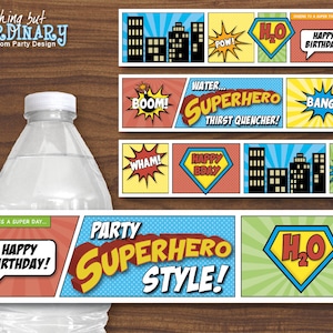 Superhero Water Bottle Labels, DIY Comic Book Birthday Labels, INSTANT DOWNLOAD, digital printable file