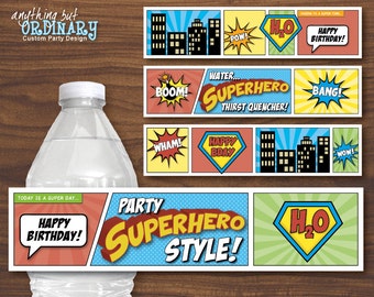 Superhero Water Bottle Labels, DIY Comic Book Birthday Labels, INSTANT DOWNLOAD, digital printable file