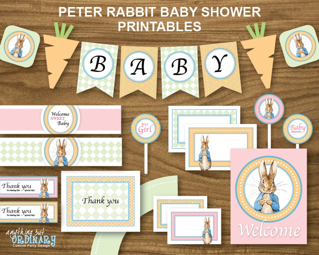 Peter Rabbit Girl's Baby Shower, Printable Party Package With Orange ...