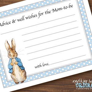 Peter Rabbit Ratschlagkarten, druckbare Babypartykarten für frischgebackene Mütter in blau und grau, INSTANT DOWNLOAD, digital druckbare Datei