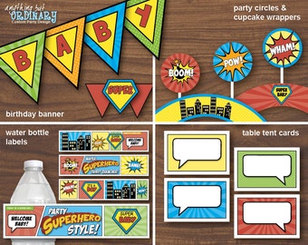Superhero Baby Shower DIY Printable Party Package, Super Baby Decorations in primary colors, INSTANT DOWNLOAD, printable digital file